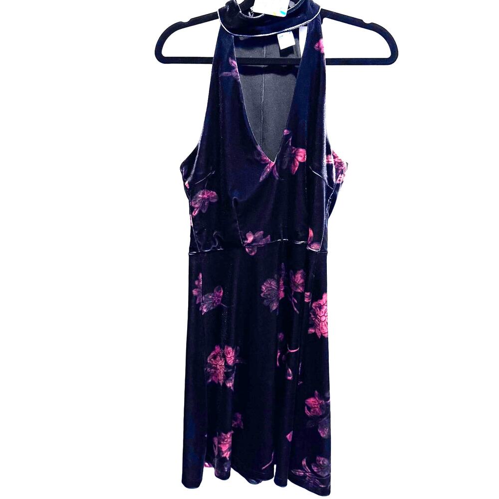 Venus Black Velvet Floral Halter Neck Mini Dress XS Mock Neck Sleeveless Skater